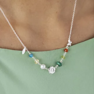 Collar TOUS Fragile Nature con tres motivos de plata de primera ley, con apatito, citrino, perla cultivada, malaquita, peridoto y cornalina
