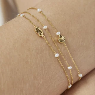 TOUS Ocean triple chain yellow gold bracelet with shell, anemone and fourteen pearls