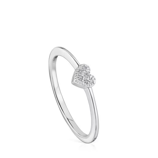 Anillo pequeño corazón de oro blanco con diamantes TOUS Grain