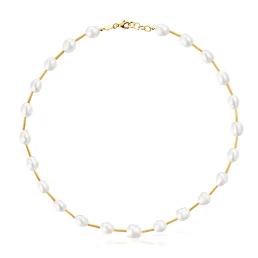 Tube Choker with gold plating over silver and cultured pearls Gloss